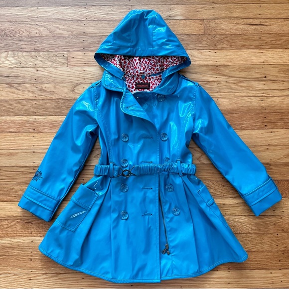 Catimini Girl's Belted Trenchcoat-Style Raincoat in Turquoise Size 6 - Picture 1 of 13